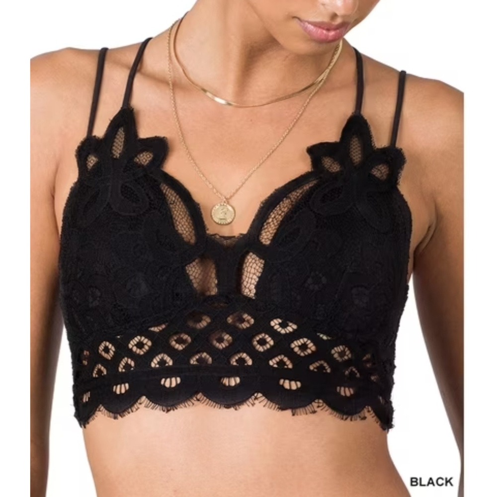 Zenana Floral Lace Bralette‎ black Longline Removable Pads boho Medium